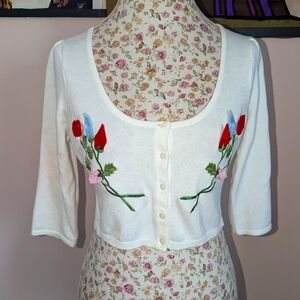 Vintage Betsey Johnson Floral Embroidered White Cardigan